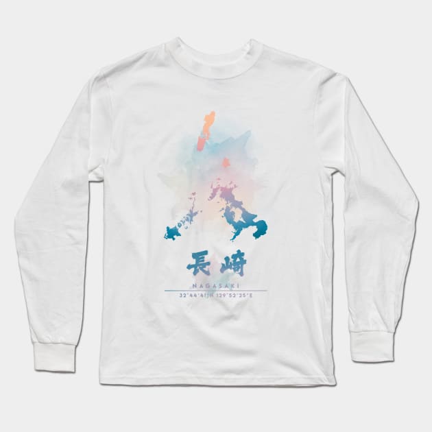 Nagasaki Watercolor Map Long Sleeve T-Shirt by Takeda_Art